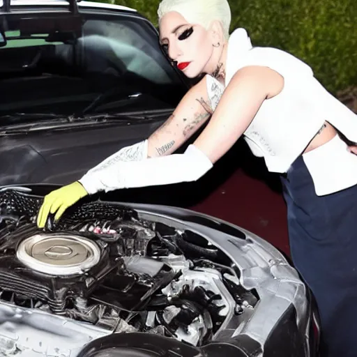 Image similar to lady gaga fixing a car engine