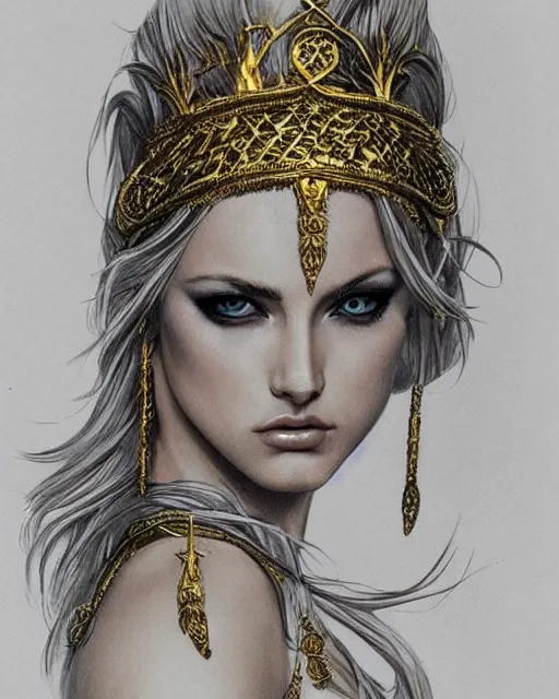 Image similar to tattoo design sketch of cute beautiful blonde super model as aphrodite greek goddess wearing a gold laurel wreath and triangle earrings, beautiful piercing gaze with sharp pupils, in the style of greg rutkowski, fantasy, amazing detail, epic, elegant, smooth, sharp focus, front view