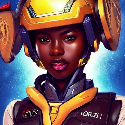 Image similar to portrait cartoon manga anime render of a strikingly gorgeous nigerian 👩🏿, wearing an intricate gundam pilot helmet, rossdraws, artgerm, norman rockwell, emiliano ponzi, epic composition, hd, octane, unreal engine, volumetric lighting, light rays, masterpiece, award - winning