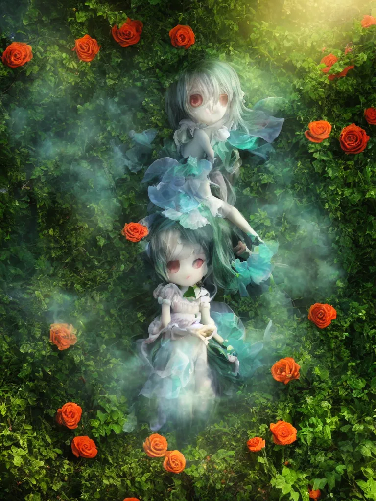 Image similar to cute fumo plush girl among vines in the middle of a lush rose garden, glowing ethereal gothic magical wraith fairy girl, tattered green dress, smoke and orange volumetric fog, blue sky sunshine and cloudless lens flare, bokeh, vray