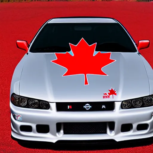 Image similar to nissan skyline r34 with canadian flag paintwork, photography, realistic, detailed