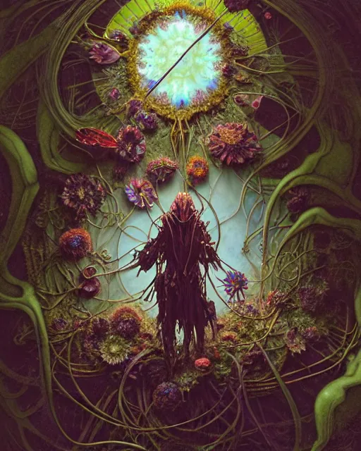 Prompt: the platonic ideal of flowers, rotting, insects and praying of cletus kasady carnage davinci dementor chtulu mandelbulb mandala ponyo dinotopia bioshock the witcher, d & d, fantasy, ego death, decay, dmt, psilocybin, concept art by randy vargas and greg rutkowski and ruan jia and alphonse mucha