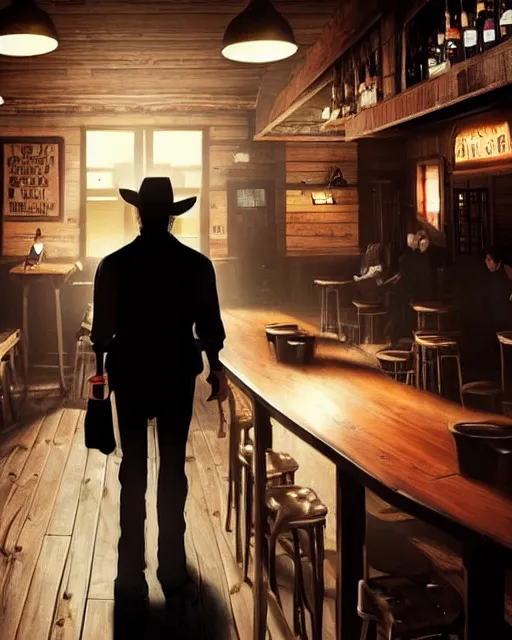 Prompt: an old cowboy walking into a crowded saloon bar. Anime. Soft lighting.