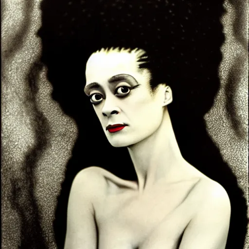 Image similar to a dramatic cinematic portrait photograph of bride of frankenstein influenced by gustav klimt.