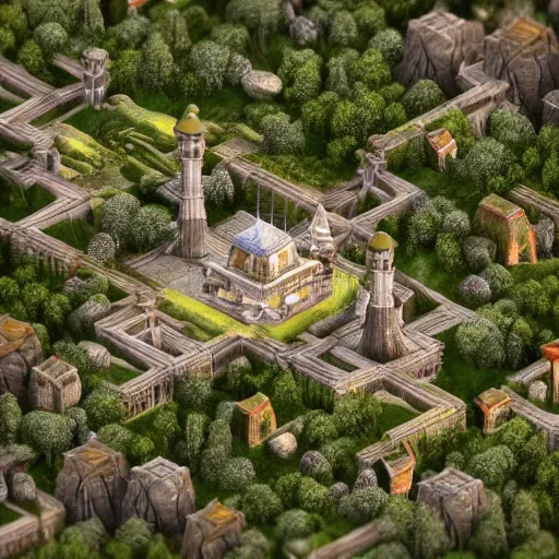 Image similar to isometric DND fantasy forest, war fort, 3d render, fantasy city, surrounded by white