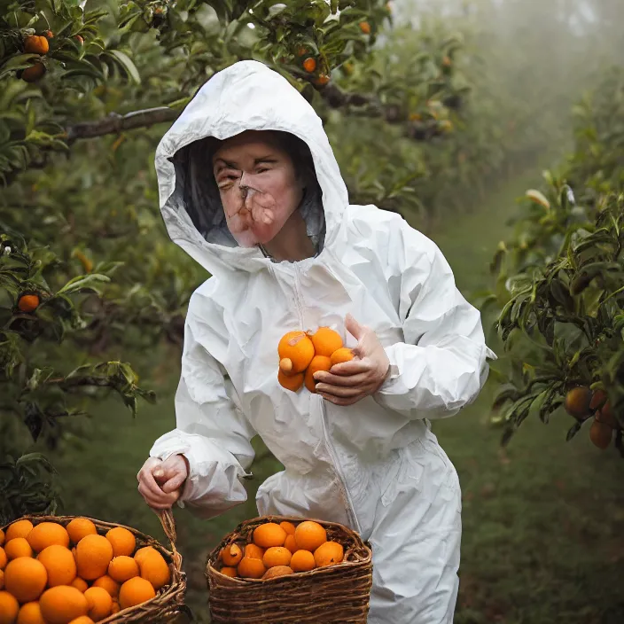 Prompt: a closeup portrait of a woman wearing a hazmat suit, picking oranges from a tree in an orchard, foggy, moody, photograph, by vincent desiderio, canon eos c 3 0 0, ƒ 1. 8, 3 5 mm, 8 k, medium - format print