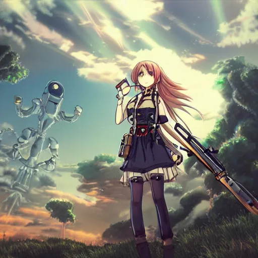 Image similar to anime girl with steampunk weapons preparing to fight a giant robot, extremely detailed, cinematic lighting, beautiful, intense, clouds, lush, trees,