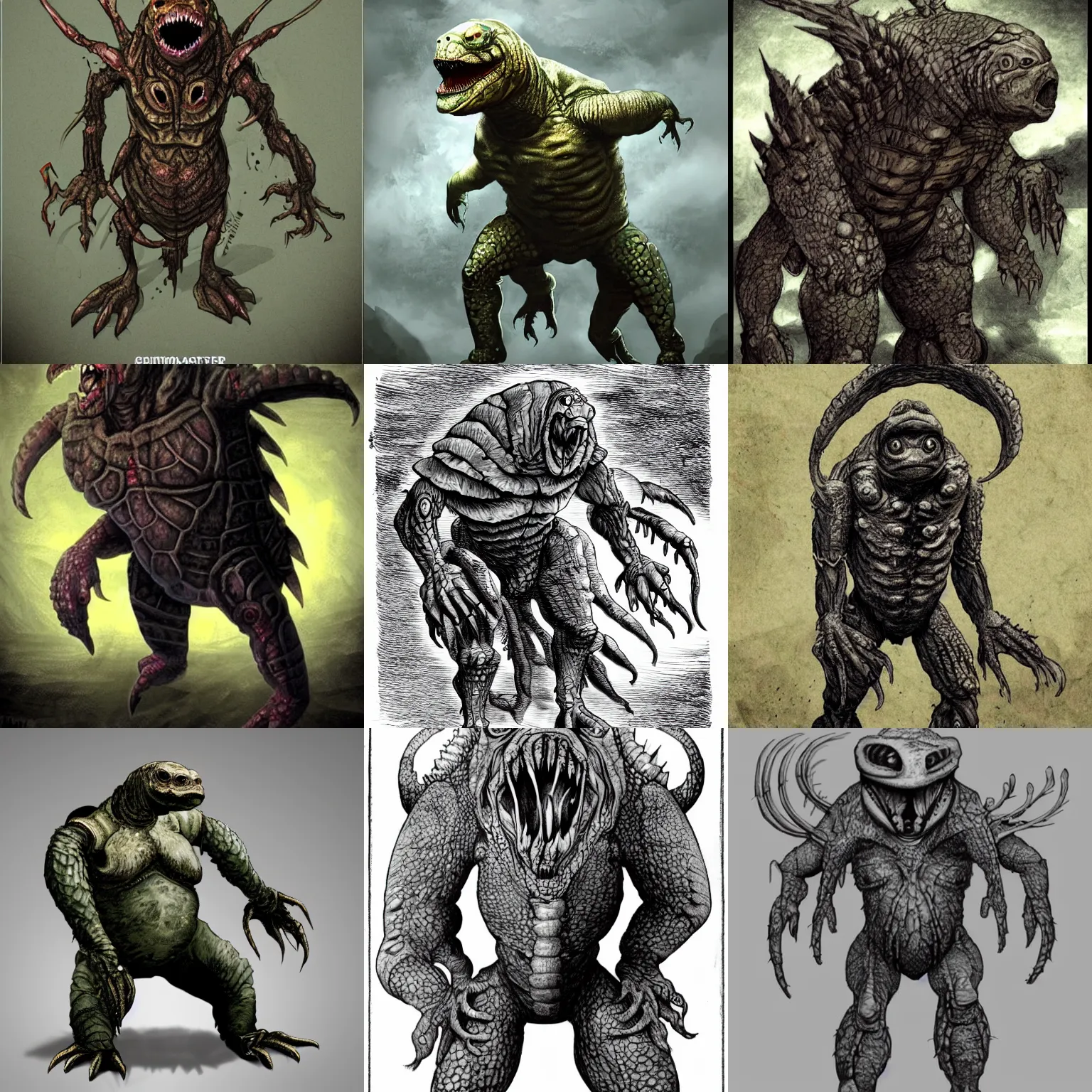 Prompt: humanoid turtle monster, grimdark, gruesome
