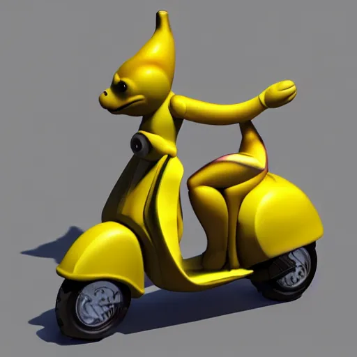 Prompt: a 3d render of a banana riding a vespa