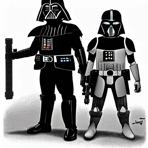 Image similar to cartoon of darth vader and boba fett standing proudly shoulder to shoulder