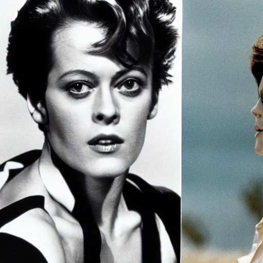 Prompt: genetic combination of sigourney weaver and james dean, face and upper body focus