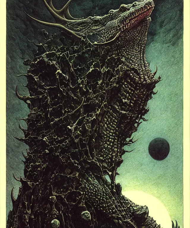 Prompt: A detailed horned crocodilewoman stands among the cosmos. Wearing a ripped mantle, robe. Perfect faces, extremely high details, realistic, fantasy art, solo, masterpiece, art by Zdzisław Beksiński, Arthur Rackham, Dariusz Zawadzki