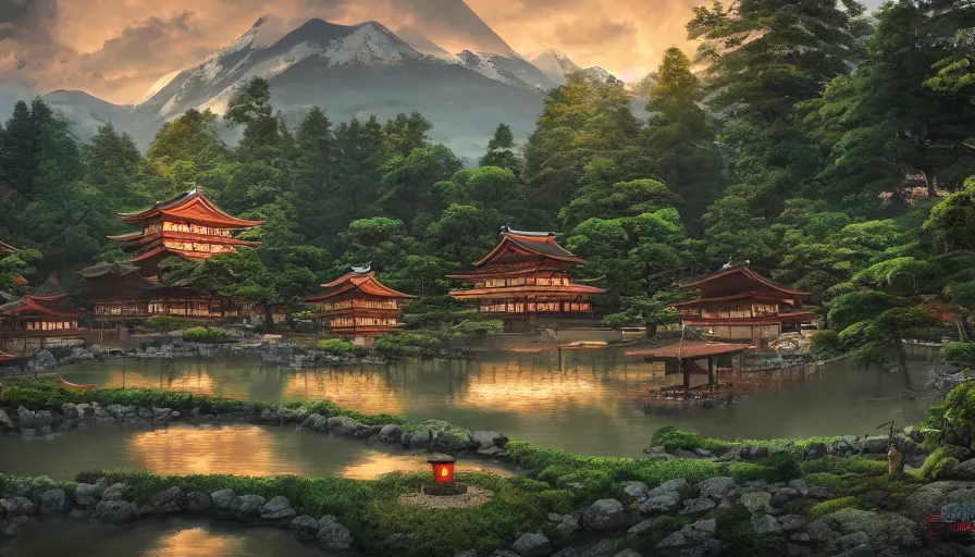 Prompt: japanese village built around a lake with forest at the foot of green gigntic mountains at sunset, fireplace, hyperdetailed, artstation, cgsociety, 8 k