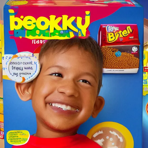 Prompt: photo of a cereal - box with a picture of a smiling broken - toothed child on the cover