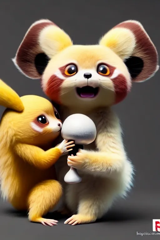 Image similar to high quality 3 d render hyperrealist very cute pastel fluffy! red panda & tarsier hybrid eating giant ice cream, vray smooth, in the style of detective pikachu, charlie immer, very dramatic light, low angle, uhd 8 k, shallow depth or field