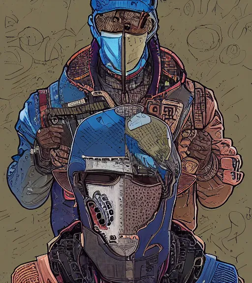 Image similar to a cyberpunk man with a patchwork face of various people, techwear, Industrial Scifi, detailed illustration, character portrait, by Martin Grip and Moebius