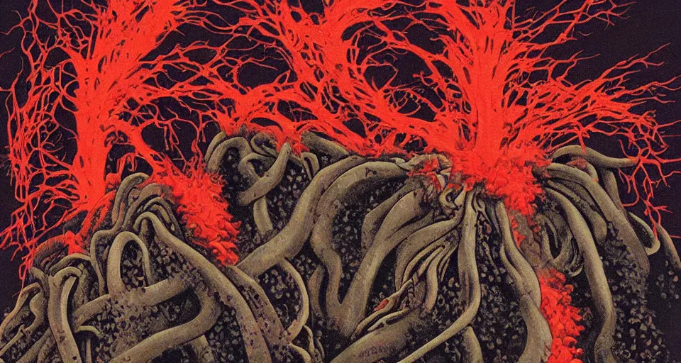 Prompt: a volcano made of ivory vines and crimson rocks enters in eruption, it spits a smoke in the shape of demonic eye, by ED roth