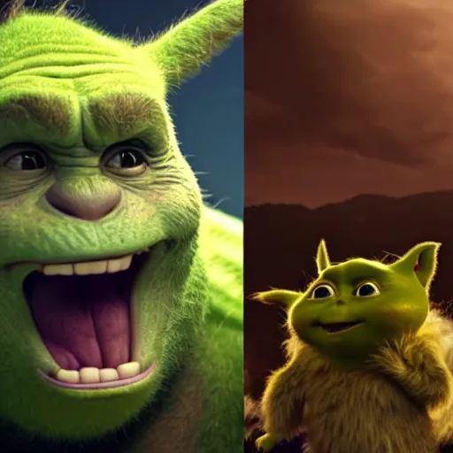 Image similar to ryan reynolds godzilla yoda donkey kong pikachu yeti shrek spongebob homer groot rick sanchez elsa, highly detailed, extremely high quality, hd, 4 k, 8 k, professional photographer, 4 0 mp, lifelike, top - rated, award winning, cinematic, realistic, detailed lighting, detailed shadows, sharp, no blur, edited, corrected, trending