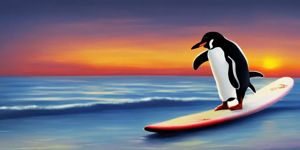 Prompt: penguin on a surfing board, surfing the waves at the sunset, artstation