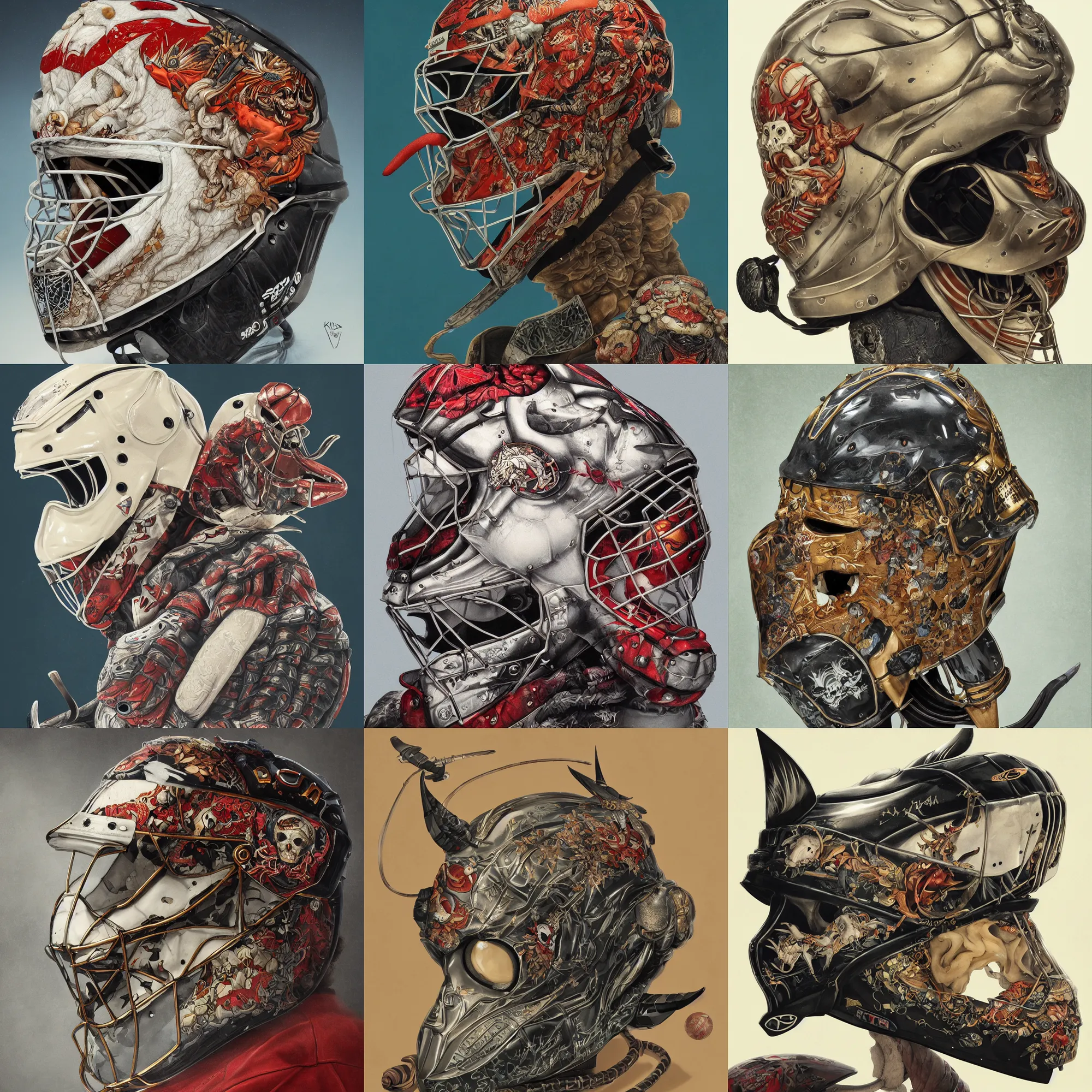 Image similar to a portrait of a hockey goalie helmet with a japanese devil skull animal illustrated by miyazaki by karol bak, james jean, tom bagshaw, rococo, sharp focus, trending on artstation, cinematic lighting, hyper realism, octane render, 8 k, hyper detailed, vivid, ultra detailed, highly detailed