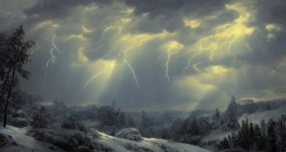 Image similar to heaven!! clouds!! god rays, snowy, windy, by eugene von guerard, ivan shishkin, night, lightning!!, storm!, dramatic lighting, concept art, trending on artstation, 8 k