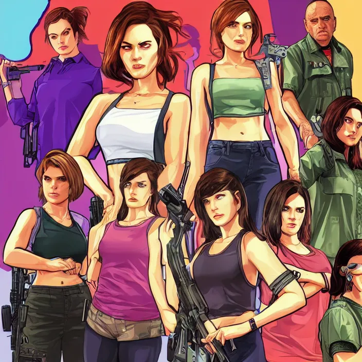 Image similar to female protagonists in gta, cover art by stephen bliss, boxart