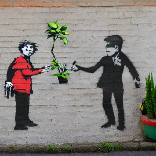 Image similar to a banksy mural of bill and ben the flowerpot men