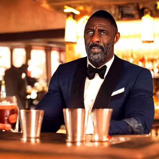 Prompt: film still of Idris Elba at a bar drinking a martini as James Bond