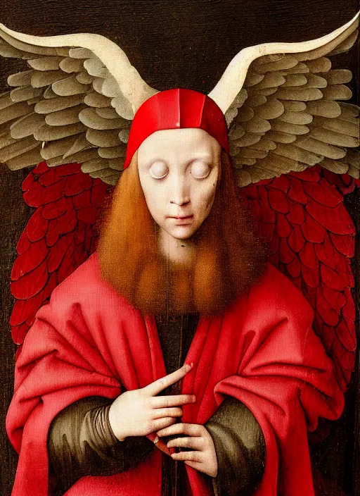 Image similar to fallen angel dressed in red with wings by Jan van Eyck, Hieronymus Bosch, Johannes Vermeer 4k post-processing, highly detailed medieval painting