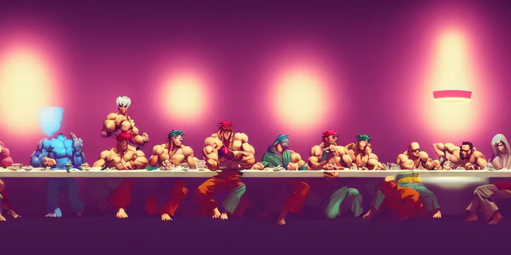 Image similar to street fighter last supper by beeple and greg rutkowski, digital painting, trending on artstation, sharp focus, 4 k