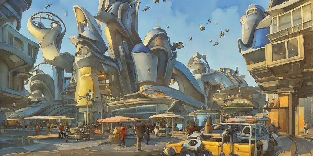 Prompt: overwatch building, stylized, exterior, architecture, in watercolor gouache detailed paintings, insanely detail, artstation, 8 k, futuristic, big medium small, arcane, simon stalenhag, food stall, interesting shapes & form, golden ratio, megastructures, vitaly bulgarov, mall, jungle, environment, nature, zaha hadid