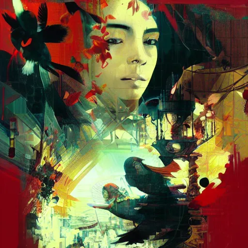 Prompt: a nostalgic latina in red monk habit is being rasterized into pixels, she is surrounded by digital birds, the background is an infinite virtual world, oil on canvas by yoji shinkawa, esao andrews, dave mckean and stina persson