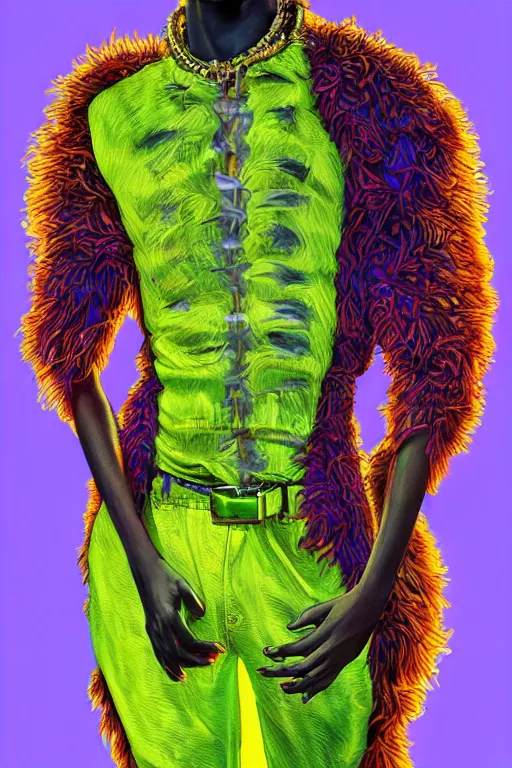 Image similar to detailed full body concept illustration of an African male with body augmentations, strong neon lighting, Afrofuturism, extravagant feathered collar, by glenn fabry, hyper realistic, HD, oil on canvas