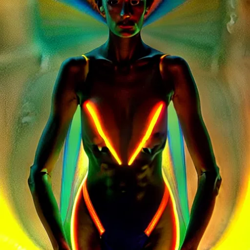 Image similar to tron angel, illuminated face, psychedelic sunset, diffuse lighting, hyper realistic, elegant, intricate, hyper detailed, smooth, sharp focus, concept art, illustration, trending on artstation, art by john collier, artem demura, greg rutkowski, james gurney, and alphonse mucha