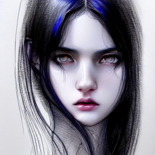 Image similar to pen and ink sketch of english teenage girl with black hair, china blue eyes, pale glowing skin, beautiful sinister features, rich and evil, elegant fashion model, fantasy, intricate, elegant, dress shirt and tie, highly detailed, digital painting, artstation, concept art, smooth, sharp focus, illustration, art by Krenz Cushart and Artem Demura and alphonse mucha, black and white