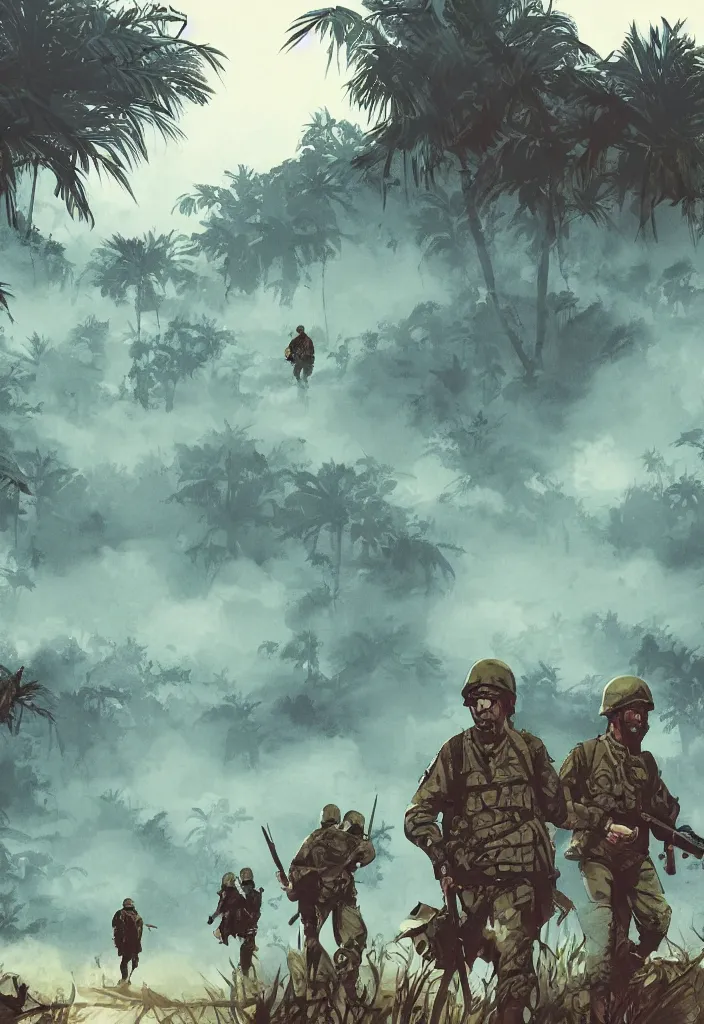 Image similar to handmade illustration of an epic Vietnam war scene with a few american soldiers walking, the jungle at the background, some smoke and fire, blue sky with dramatic clouds, line art, ink, watercolor by Kilian Eng and by Jake Parker, heavy brushstrokes, winning-award masterpiece, fantastic, octane render, 8K HD Resolution, High quality image