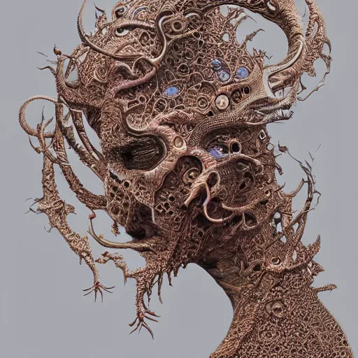 Image similar to a creature from a parallel universe by alexander mcqueen, zdzisław beksinski and alphonse mucha. highly detailed, hyper - real, very beautiful, intricate fractal details, very complex, opulent, epic, mysterious, trending on deviantart and artstation, minimalist redesign by zaha hadid