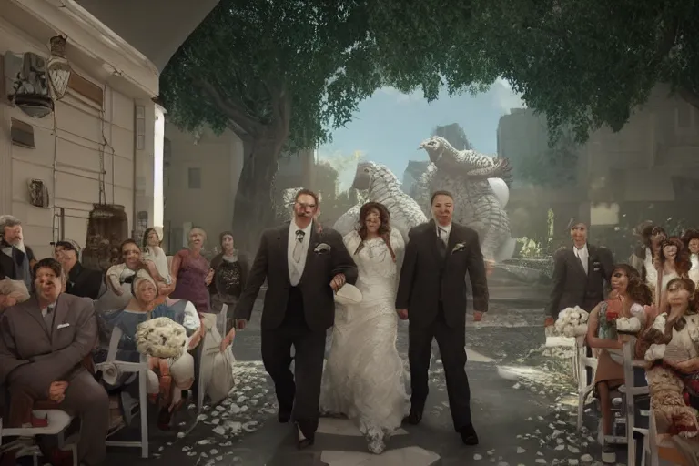 Image similar to a still from My Big Fat Greek wedding, wedding, wedding, with Fox McCloud and godzilla, octane render, nvidia raytracing demo, masterpiece