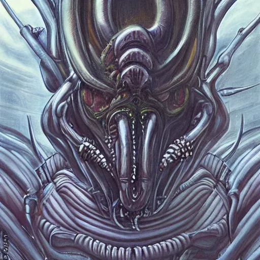 Prompt: detailed painting of mike wazowski that looks like a xenomorph, in the style of h r giger and wayne barlowe