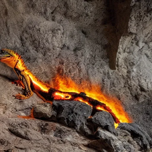 Prompt: Giant lizard spies fire, in a cave, many bones around