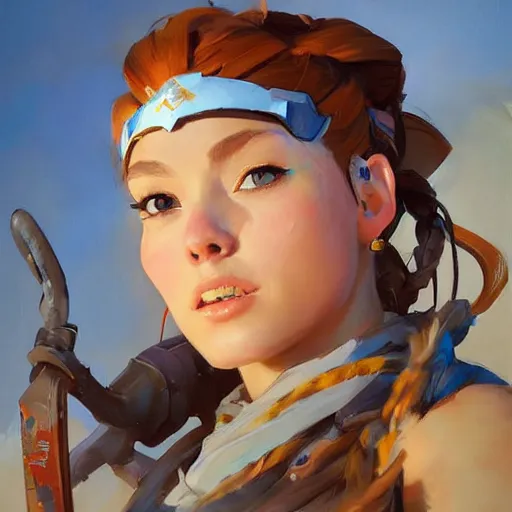 Image similar to greg manchess portrait painting of a aloy as overwatch character, medium shot, asymmetrical, profile picture, organic painting, sunny day, matte painting, bold shapes, hard edges, street art, trending on artstation, by huang guangjian and gil elvgren and sachin teng