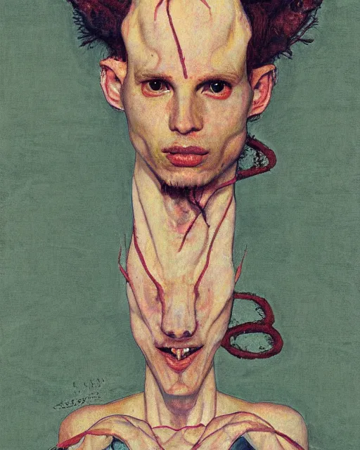 Image similar to portrait of an axolotl god by greg rutkowski in the style of egon schiele