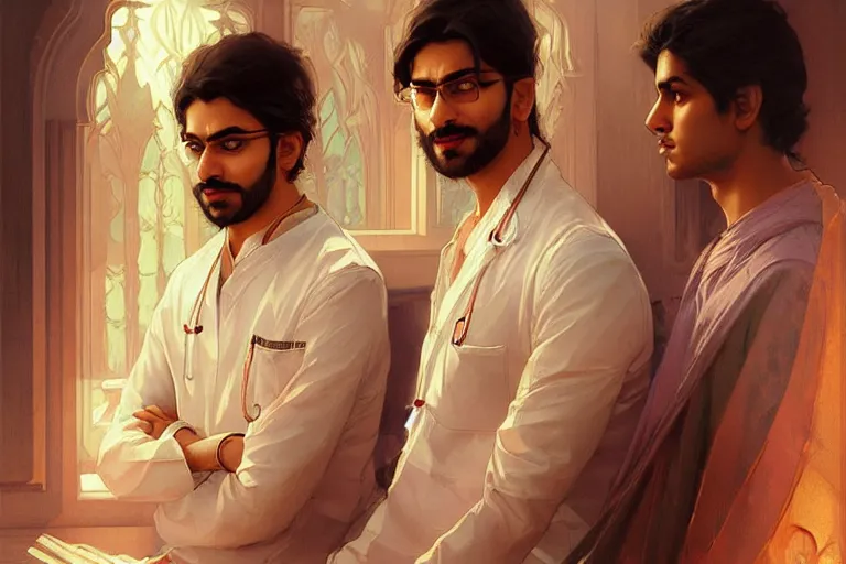 Image similar to Anxious good looking pale young Indian doctors talking, portrait, elegant, intricate, digital painting, artstation, concept art, smooth, sharp focus, illustration, art by artgerm and greg rutkowski and alphonse mucha