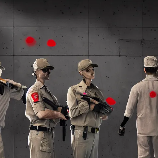 Prompt: zombie security officers ( beige uniform and caps ) wield ( uzis ) in ( brutalist concrete office ) ( floating in red spectral aura ) trending on artstation high detail digital painting 4 k 8 k hd