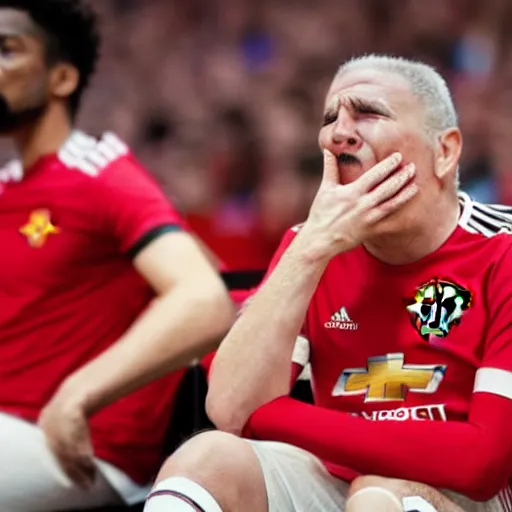 Prompt: A man crying in a Manchester United shirt while watching his TV, epic quality, sharp focus, 8k, dramatic,