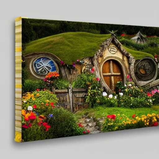 Image similar to hobbiton landscape with abnoxious jewels all around, fantasy, rock, high detail