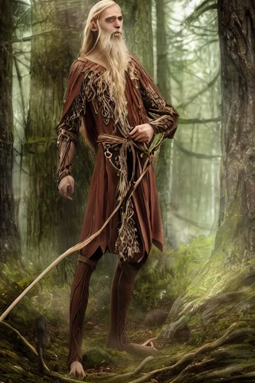 Image similar to A tall slim male wood elf druid posing with a bow in a mystical forest, portrait, long blonde hair, fungi, glowing, wooden armor, magical, fantasy, medieval, highly detailed, dynamic lighting, cinematic, dramatic, sharp focus, focus on face, masterpiece, trending on artstation, concept art, digital painting, still, photo, photograph, in the style of Heilung