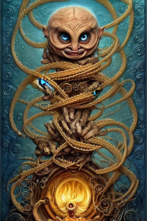 Image similar to A beautiful detailed grotesque creature made of pasta super cute tarot card, by tomasz alen kopera and Justin Gerard, symmetrical features, ominous, magical realism, texture, intricate, ornate, royally decorated, whirling smoke, embers, red adornements, blue torn fabric, radiant colors, fantasy, trending on artstation, volumetric lighting, micro details, 3d sculpture, ray tracing, 8k, anaglyph effect, digital art