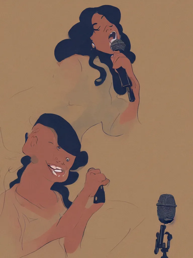 Image similar to woman singing into microphone by disney concept artists, blunt borders, rule of thirds