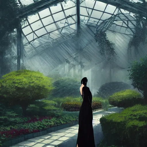 Image similar to a woman in a black dress standing in an elegant greenhouse garden, dramatic lighting, illustration by greg rutkowski, yoji shinkawa, 4 k, digital art, concept art, trending on artstation